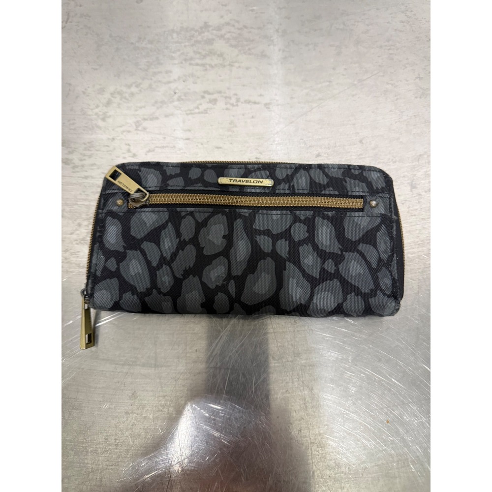 Travelon RFID Zip Around Wallet Gray Black Leopard Print Teal Interior Womens